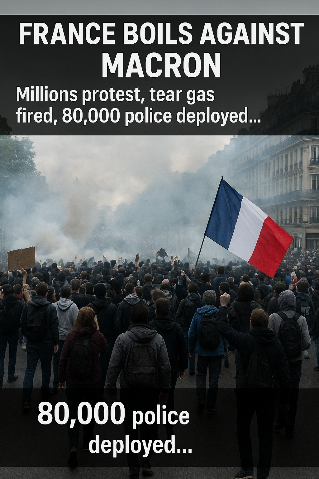 Protesters in France fill the streets as tear gas smoke rises, with one demonstrator holding a large French flag; overlay text reads “FRANCE BOILS AGAINST MACRON – Millions protest, tear gas fired, 80,000 police deployed.”
