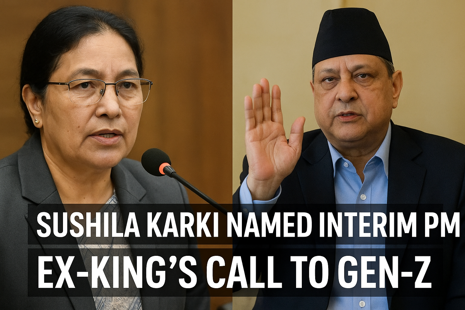 “Sushila Karki addressing media as Nepal’s interim PM candidate alongside former King Gyanendra Shah giving a statement.”