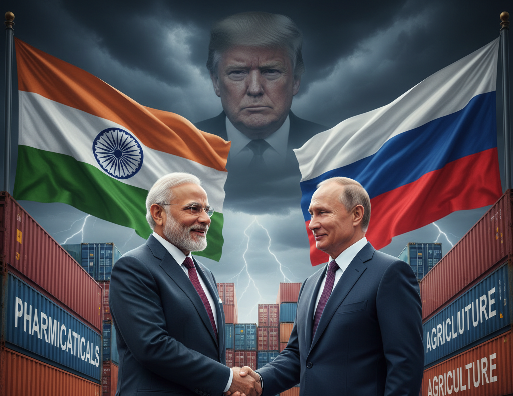 Indian PM Narendra Modi shaking hands with Russian President Vladimir Putin as Russia supports India against Trump’s tariffs, symbolizing strong Russia-India trade ties.